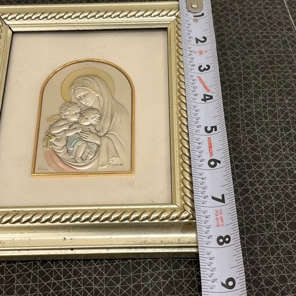 Italian Madonna & Child Icon .925 Sterling Silver Art w/ Painted Gold Frame‎ EUC